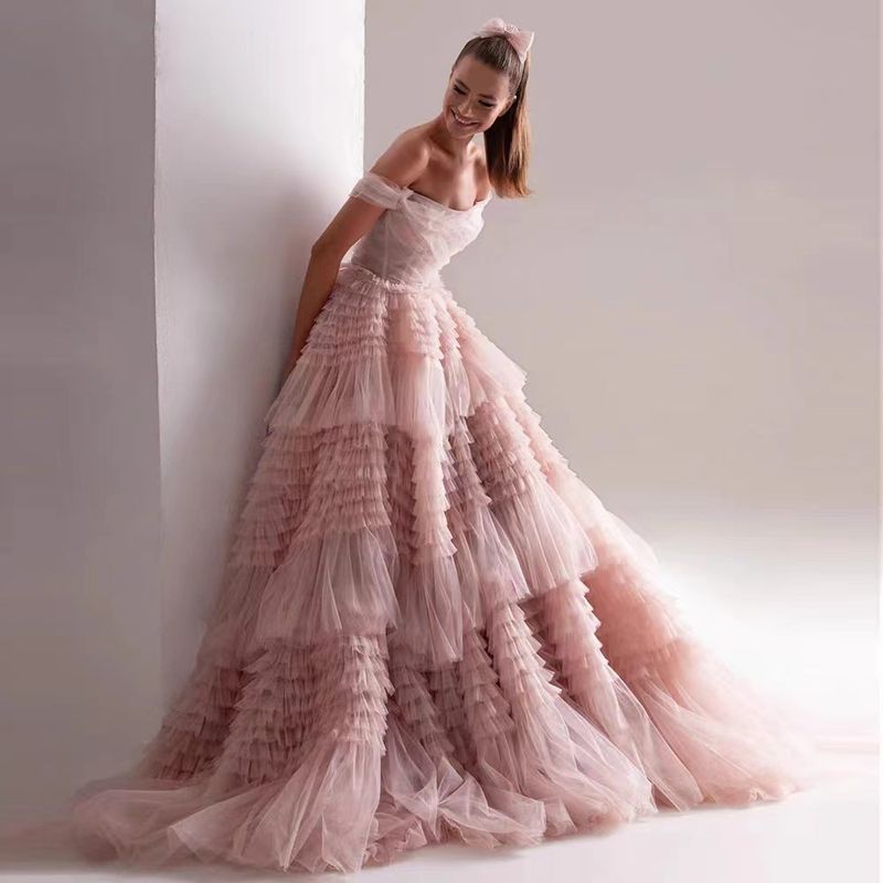 Robe de soirée asymétrique à épaules dénudées, en maille multicouche, ultra moelleuse et luxueuse, style européen et américain_voghion.com