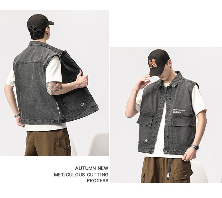 Herrenbekleidung, modische Jeansweste für Herren, modische lose Weste für Herren, ärmellose Cargojacke für Herren_voghion.com