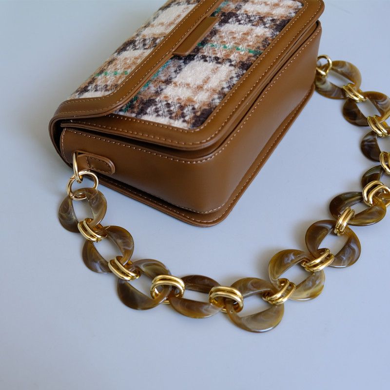 Vintage Bunte Acrylharz Farbblock Metall Handarbeit Abnehmbare Braune Damentasche Dekorationskette_voghion.com