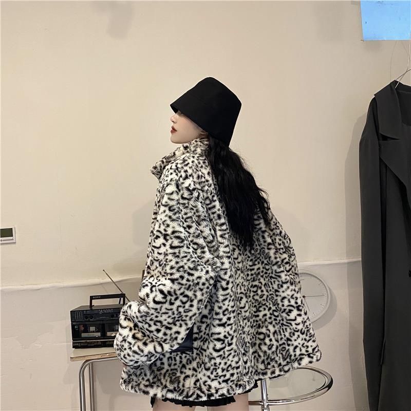 Street Style PU Pelle Donna Autunno Inverno 2021 Nuovo Motociclista Stampa Leopardata Reversibile Foderato in Pile Cotone Ispessito_voghion.com
