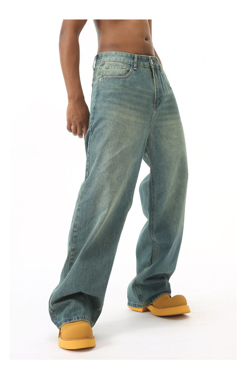 EF JEANS | 2024 New American Personality Retro Old Gradual Change Loose Wide Leg Jeans Men Old Green_voghion.com