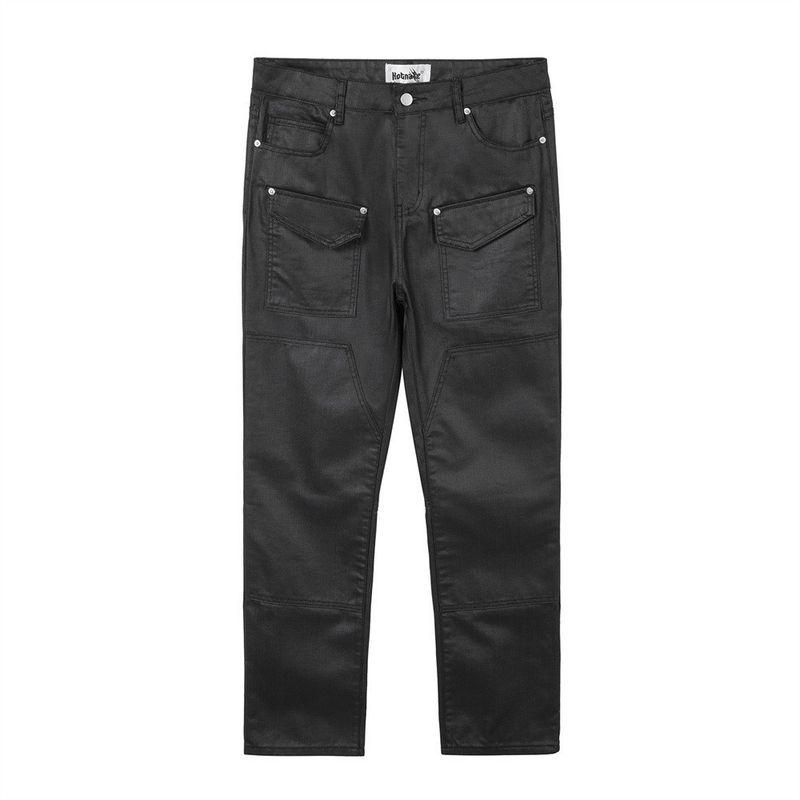 Waxed Coated Jeans For Men, Casual Multi-Pocket Cargo Slim Straight Pants, High Street Trend Solid Color Trousers_voghion.com