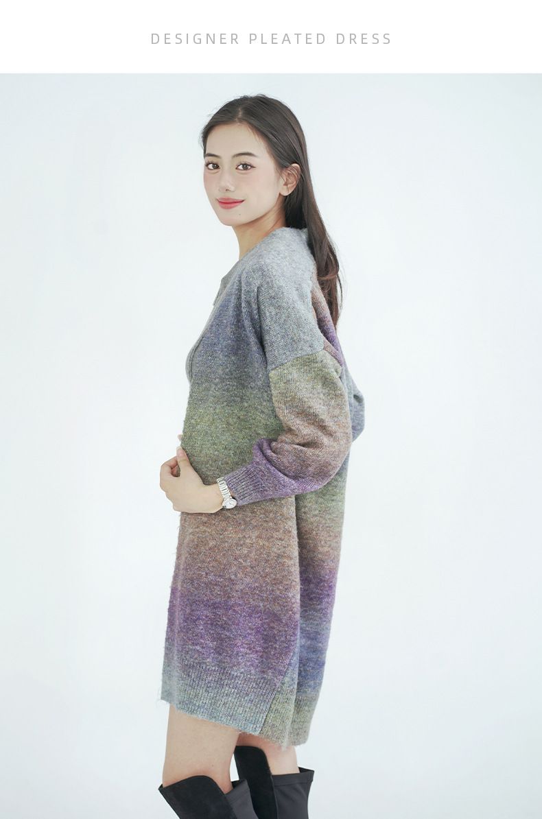 Autumn Winter Wool Knit Cardigan For Women Gradient Color Mid-Length Thickened Sweater Coat_voghion.com
