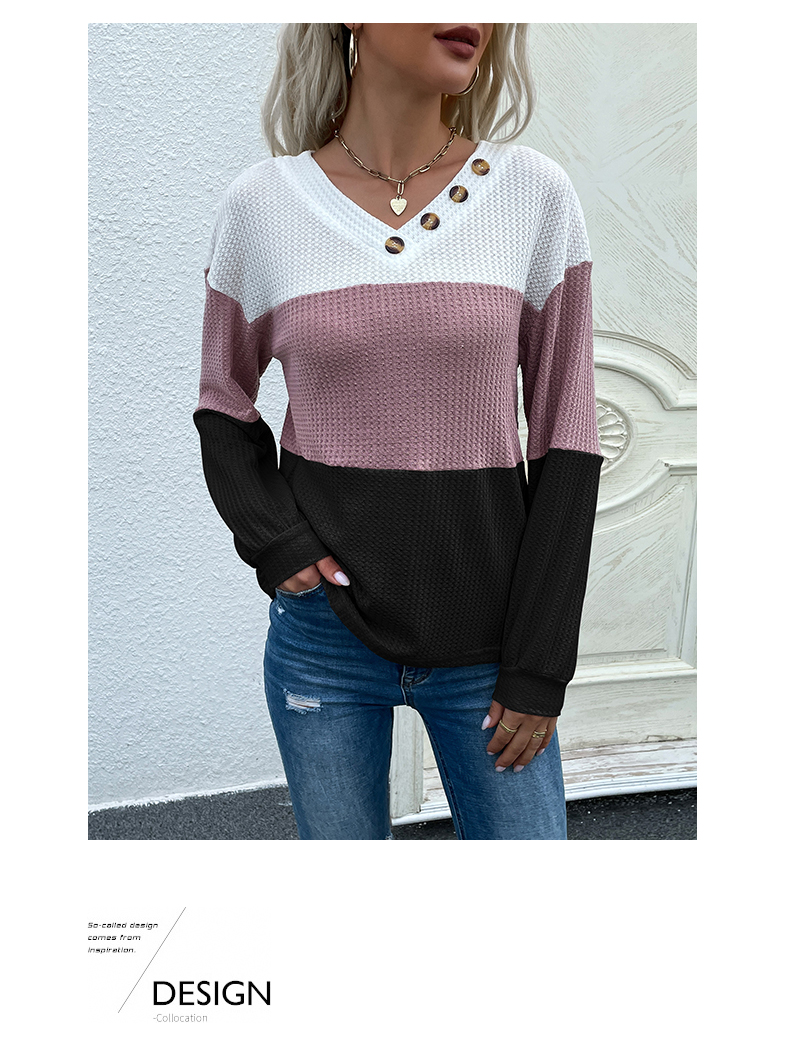 Farbblock-Pullover mit V-Ausschnitt und Waffelmuster und langen Ärmeln_voghion.com
