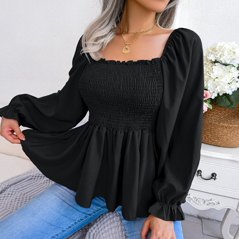 Camisa sólida para mujer, Tops informales con cuello cuadrado y manga larga de gasa con orejas de madera_voghion.com