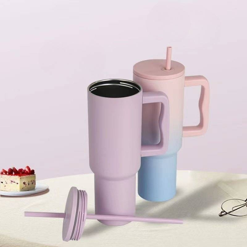 Home & Garden New Gradient 304 Steel Thermos Cup Portable Handle Straw Cup 40oz Large Capacity Ice Cup_voghion.com