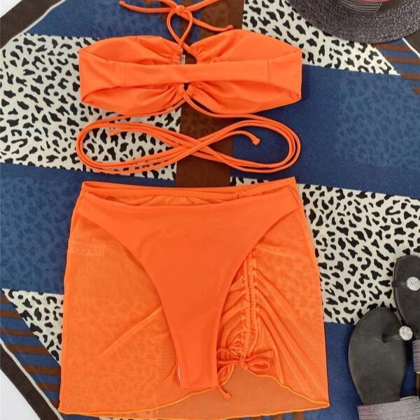 Ropa de mujer Nuevo traje de baño dividido Bikini de tres piezas de color sólido Traje de baño de mujer Bikini_voghion.com