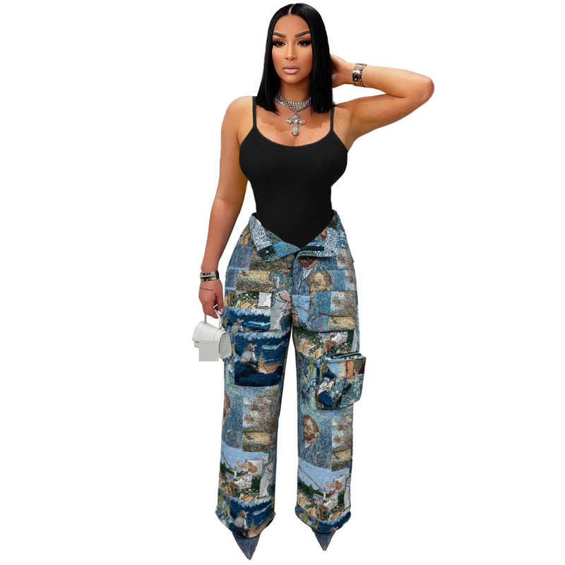 Women's Casual Cargo Pants With Jacquard Design, Multi-Pocket Retro Streetwear Trousers For Fashionable Outfits_voghion.com