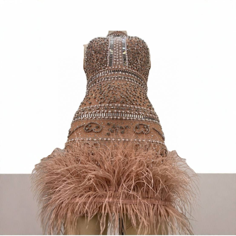 Robe courte élégante dos nu avec plumes et cristaux – Robe de soirée moulante sans manches pour femme_voghion.com