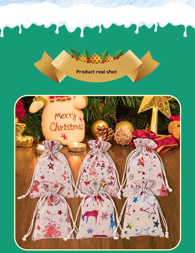 Christmas Drawstring Gift Bags Set - 24 Pack Cotton Linen Burlap Pouch With Gold Foil Print, Santa Reindeer Snowflake Star Designs_voghion.com