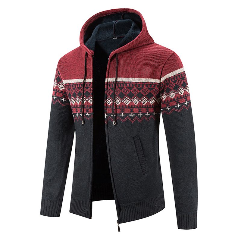 Knitted cardigan men's 2023 new hooded snowflake plus velvet thickened sweater jacket large size sweater jacket_voghion.com