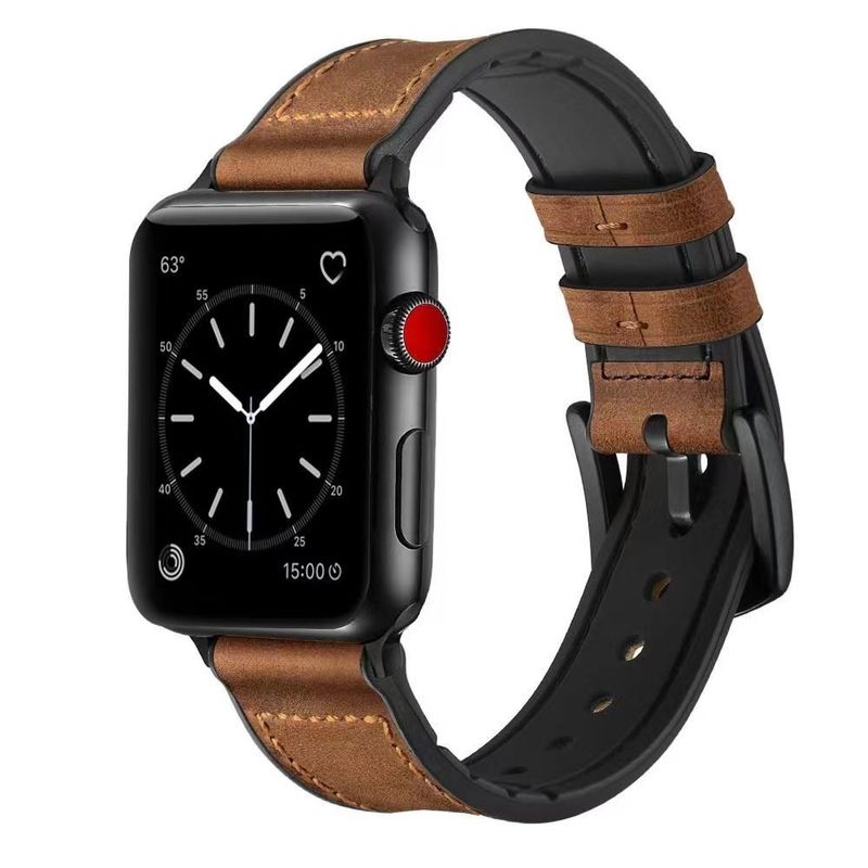 Correa vintage de piel auténtica para Apple Watch Series 9/8/7/6/Ultra - Fabricada a mano con base de silicona, ajuste ajustable, estilo clásico (tallas 38-49 mm)_voghion.com