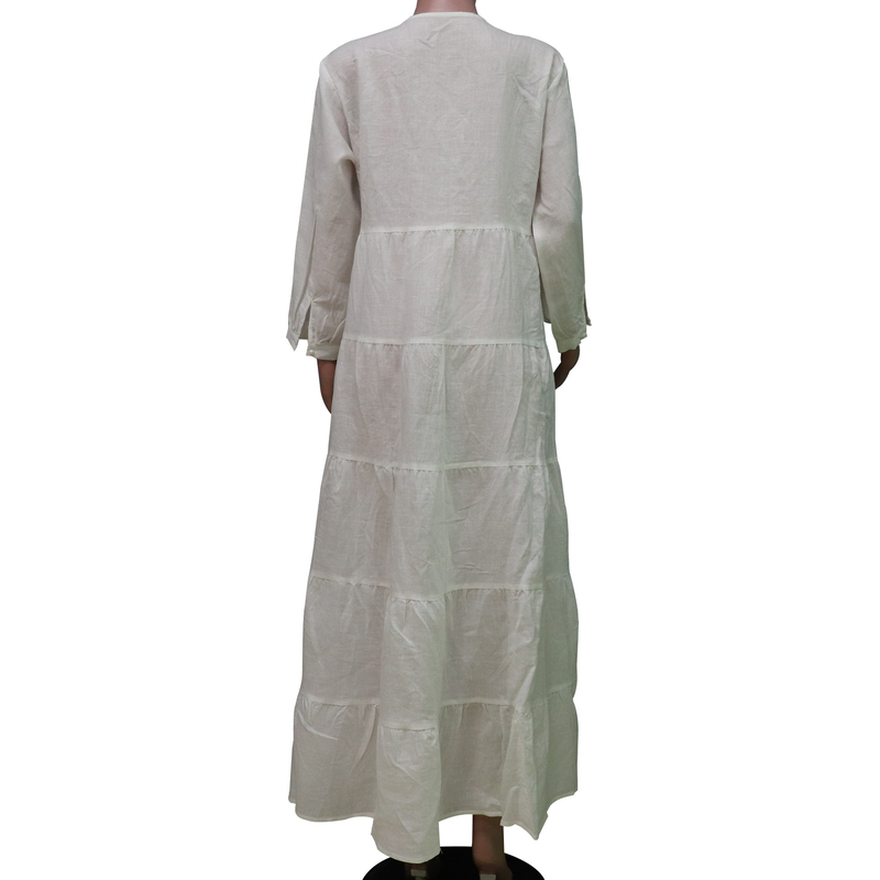 Damenbekleidung, einfarbig, V-Ausschnitt, langärmelig, böhmisches Baumwoll-Hanf-Kleid_voghion.com