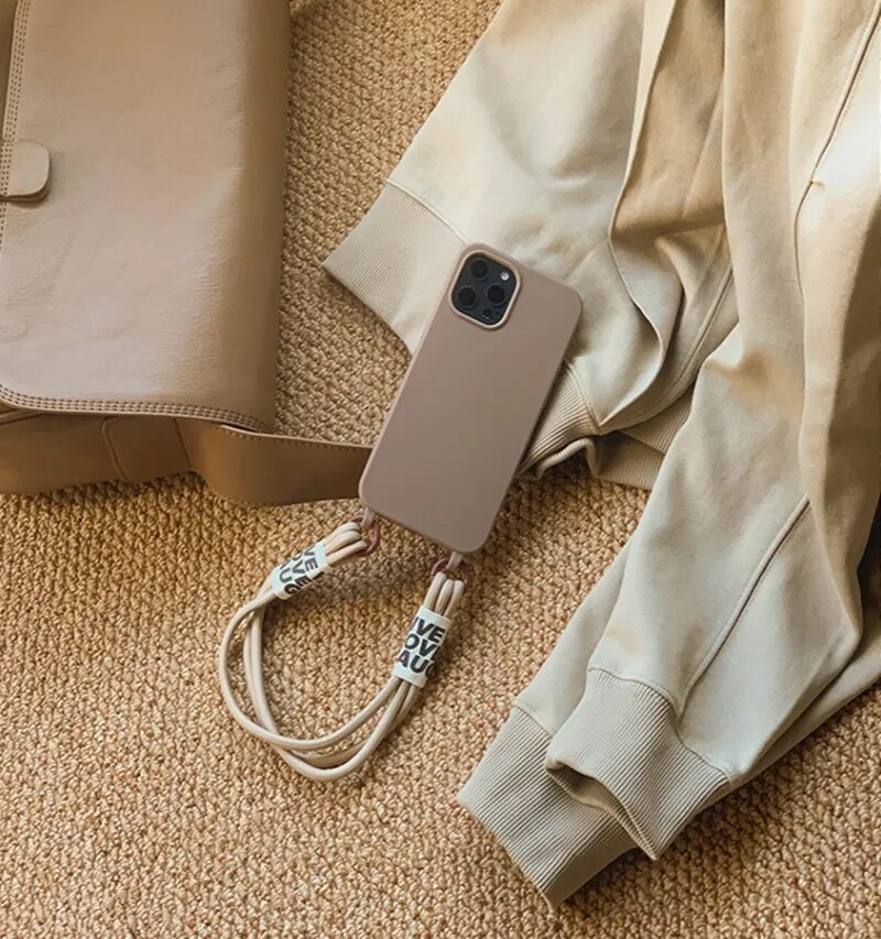 Crossbody Lanyard Solid Soft Phone Case For iPhone 13 MiNi 12 11 Max 14 Pro 15 XS XR X 8 7 Plus Korea Strap Silicone_voghion.com