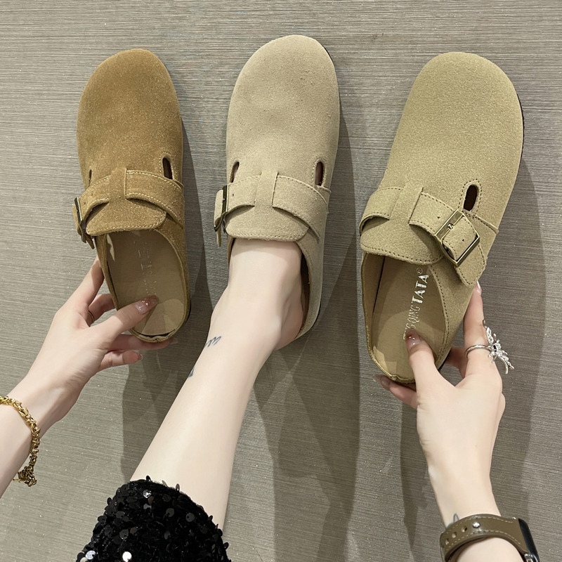 2023 sommer frauen Schuhe Closed Toe Runde Kappe Hausschuhe Kuh Wildleder Leder Clogs Schuhe für Frauen Retro Mode Garten mule Clog_voghion.com