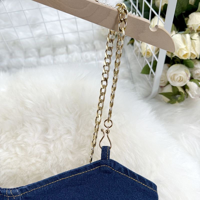 Damen-Jeansanzug, Nischenketten-Camisole + hoch taillierter A-Linien-Jeansrock mit Rüschen, zweiteiliger Anzug_voghion.com