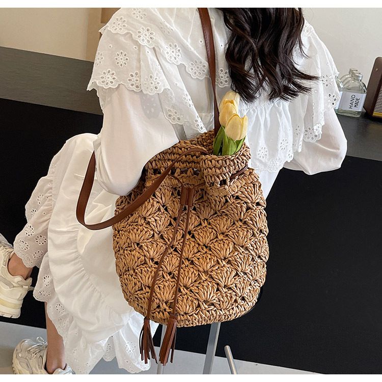 Straw Bag Woven Bag Large Capacity Straw Bag Women's Single Shoulder Armpit Bucket Bag Summer Beach Holiday Beach Bag_voghion.com