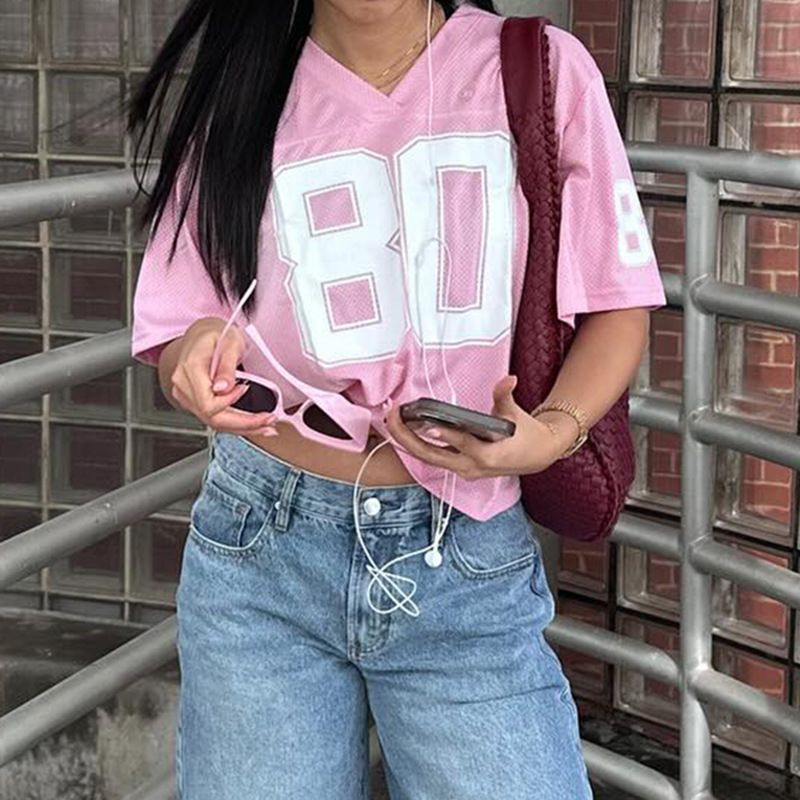 Abbigliamento da donna, stile street style, stile hottie, maglietta oversize con stampa di lettere, maniche corte, scollo a V, ampia e sottile, basic_voghion.com