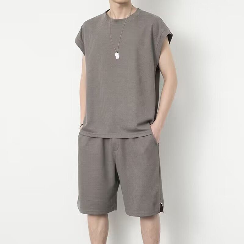 Completo sportivo da uomo in due pezzi, con maglietta senza maniche estiva, canotta casual, pantaloncini e sottile tessuto in seta ghiacciata_voghion.com