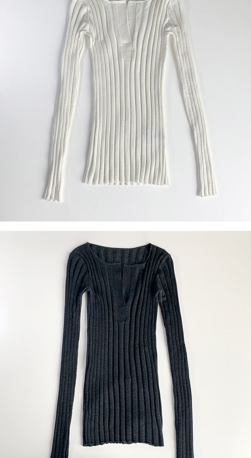Savi Same Style Swedish Niche Style~ Deep V Slim Fit Ribbed 18 Gauge Wool Cashmere Base Knit Top_voghion.com