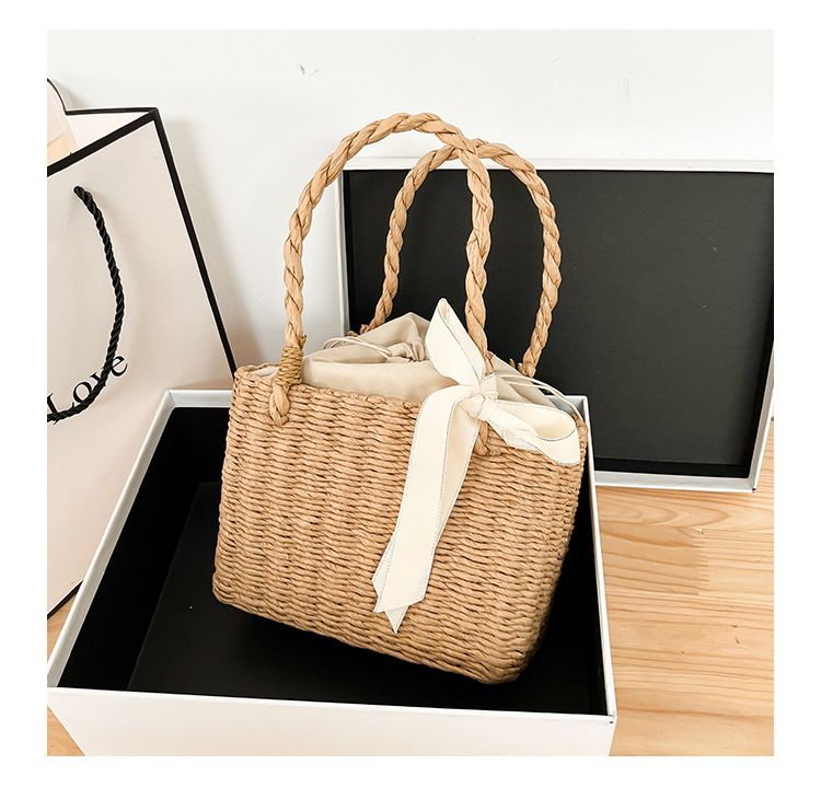 Women's Shoulder Bags Simple Hand-held Woven Bag, Handbag, Bow Tie Storage Basket, Woven Storage, Small Square Bag_voghion.com