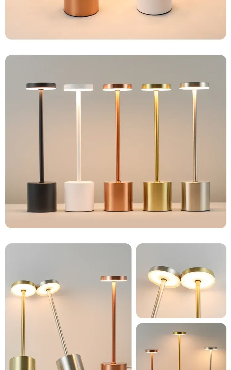 Lampada da tavolo semplice a LED ricaricabile in metallo con tocco, tre colori, lampada da scrivania senza fili da comodino, decorazione per esterni, luce notturna a LED_voghion.com