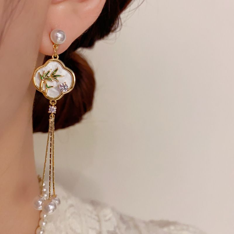 Nuovi orecchini a ventaglio in stile cinese con foglie di bambù - Design nazionale con nappe lunghe e perle | Accessori per le orecchie abbinati al cheongsam per le donne_voghion.com