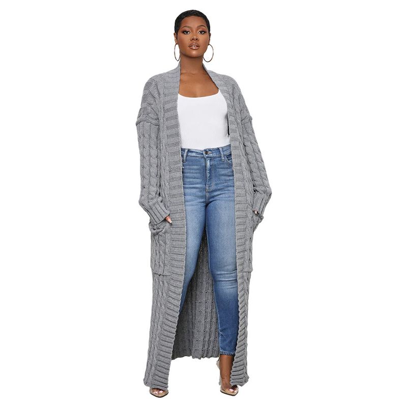 Damenbekleidung Locker gestrickte Strickjacke, gemütliche, übergroße Strickjacke mit Taschen, langer Zopfmuster-Pullovermantel, lockerer Boho-Chic, offene Vorderseite_voghion.com
