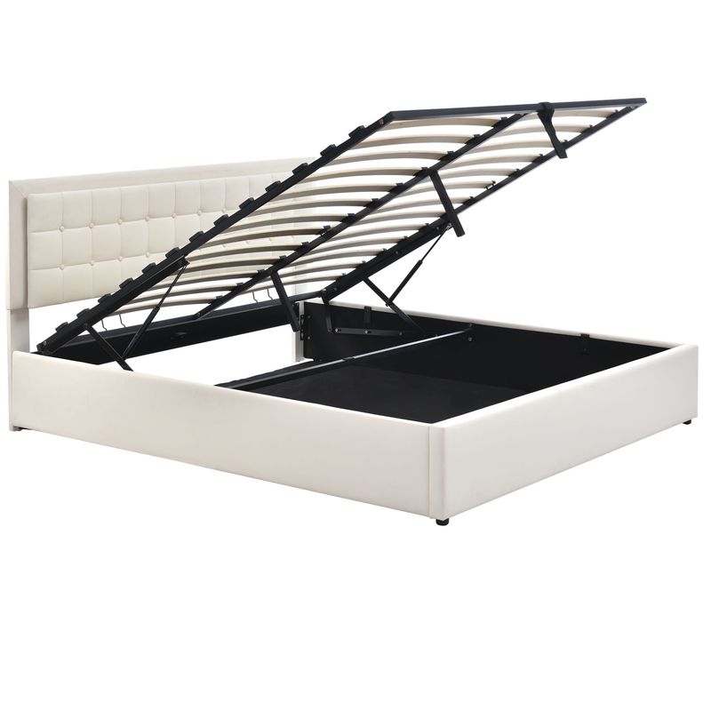 Lit double 140 x 200 cm avec sommier à lattes et rangements, avec bande lumineuse LED, cadre de lit rembourré en similicuir blanc._voghion.com