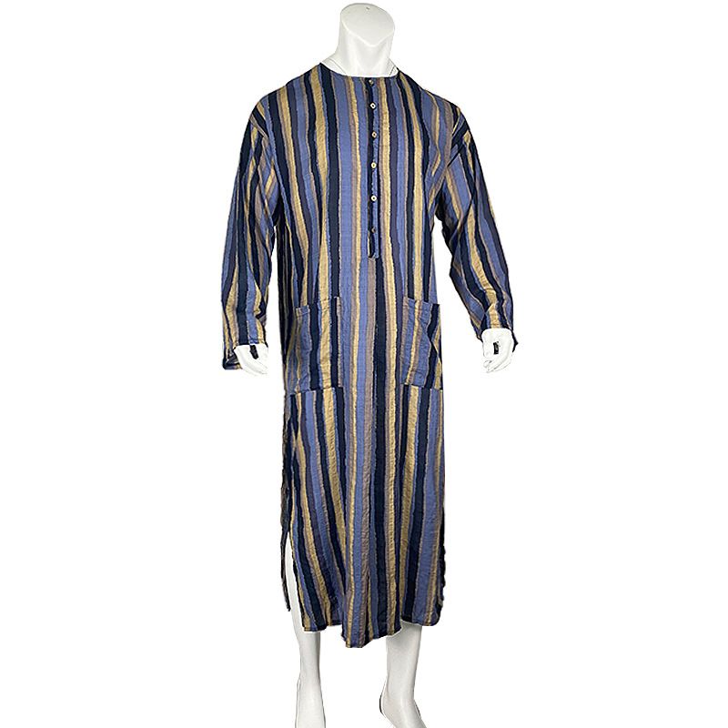 Muslim Robe New Style Men's Loose Door Stripe Long Sleeve Ready-Stock Ethnic Style Bodysuit_voghion.com