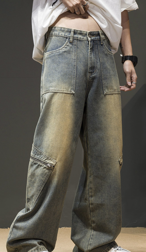 Abbigliamento maschile Pantaloni larghi retrò in denim da uomo, primavera e autunno, multitasche, casual e larghi, da lavoro, da strada_voghion.com