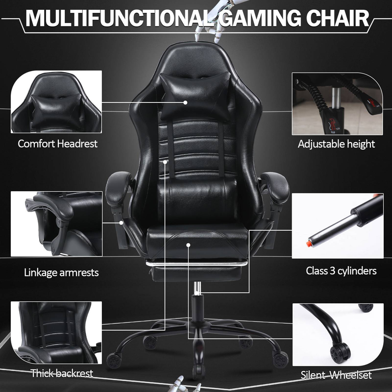 Gaming-Stühle mit Fußstütze, ergonomischer Gaming-Computerstuhl für Erwachsene, Bürostuhl aus PU-Leder, verstellbare Stühle mit Rädern, 360 ° drehbar, Schwarz_voghion.com