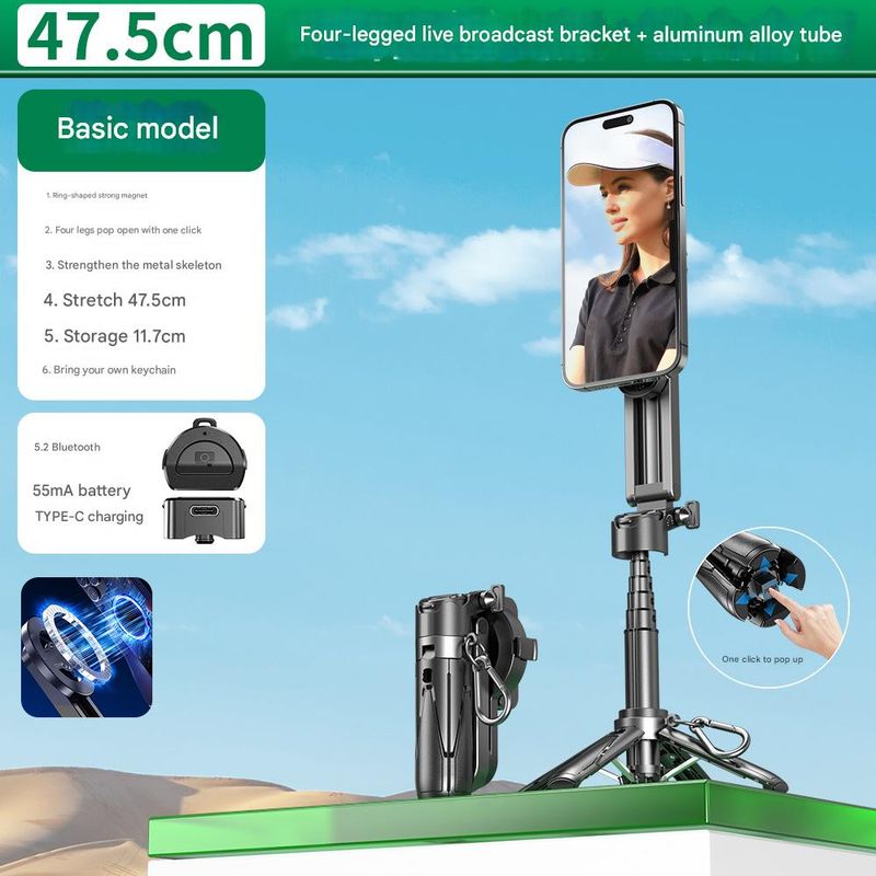 Bastone per selfie multifunzionale quattro in uno con telecomando wireless | Clip magnetica per telefono, doppio gruppo, rotazione a 360° + regolazione di ribaltamento a 220°_voghion.com