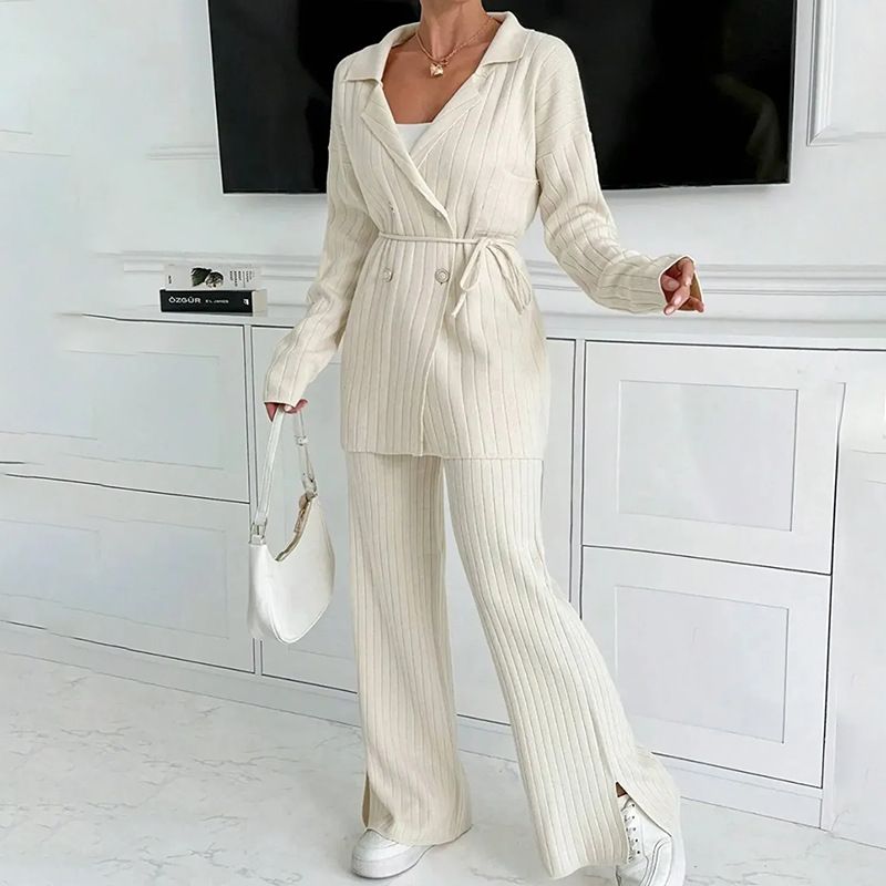 Ensemble élégant en tricot côtelé avec col ceinturé et pantalon large – Crème douce, coupe décontractée pour femme (S-XXL)_voghion.com