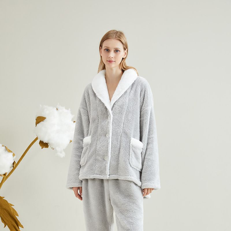 Damen-Pyjama-Set aus Korallenfleece in Übergröße, warm, langärmlig, Loungewear, Nachtwäsche mit weichem Plüsch für Zuhause und draußen_voghion.com