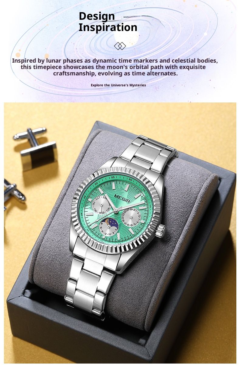 MEGIR Luxury Moon Phase Quartz Watch For Men & Women - 42mm Stainless Steel Case, Water Resistant, Elegant Business Chronograph With Luminous Hands_voghion.com