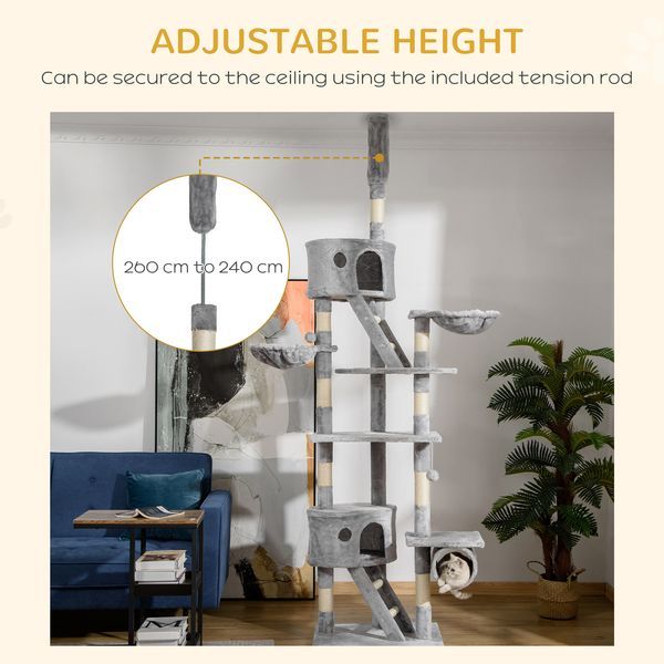 PawHut Floor To Ceiling Cat Tree, 94.5-102.5 Inch Height Adjustable Cat Climbing Tower With Scratching Posts, Condos, Hammocks_voghion.com