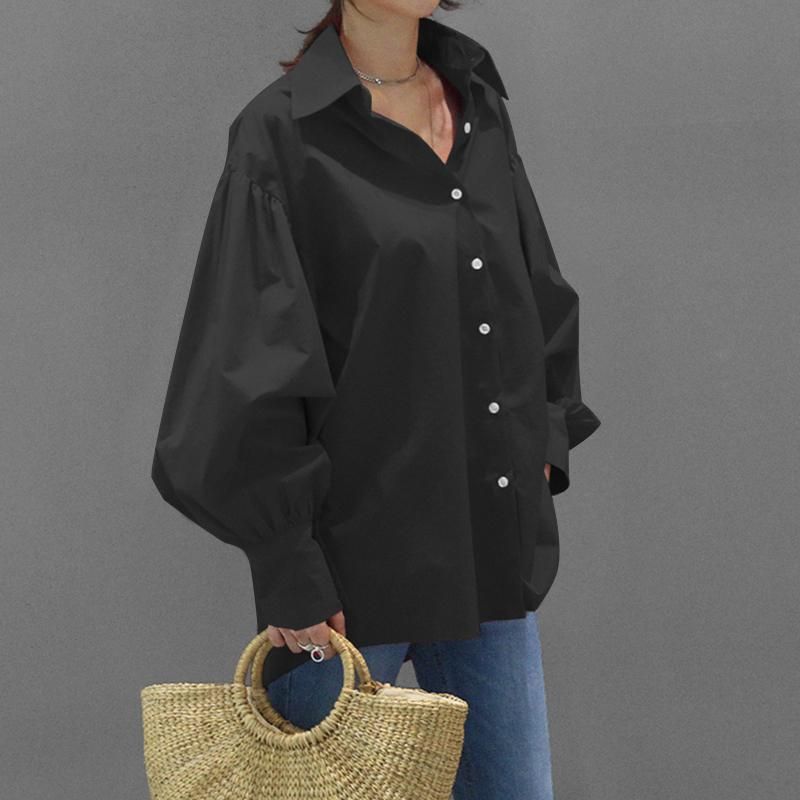 Vêtements pour femmes Chemises décontractées Hauts décontractés à manches lanternes Hauts rétro de couleur unie pour femmes Chemises de bureau pour dames_voghion.com