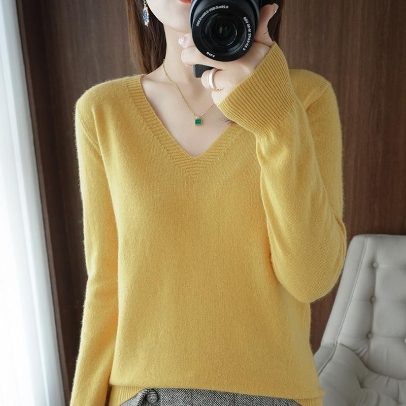 Maglione con scollo a V, nuovo stile coreano, stile autunno inverno, strato interno per cappotto da donna, maglione ampio, tinta unita, maglia di base_voghion.com