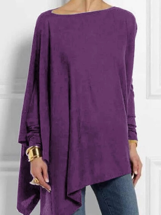 T-shirt pullover casual a maniche lunghe tinta unita irregolare da donna_voghion.com
