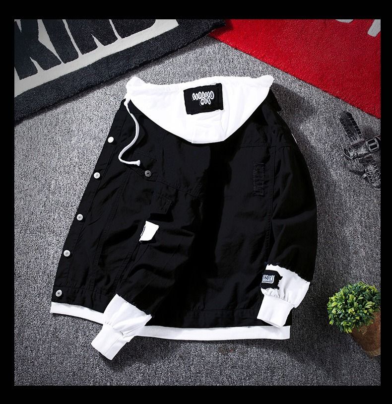 Herren Distressed Jeansjacke mit Kapuze Herbst Casual Streetwear, Slim-Fit Lagenlook (Größen S-XXXL, Baumwollmischung, Hell-/Dunkelblau & Schwarz)_voghion.com