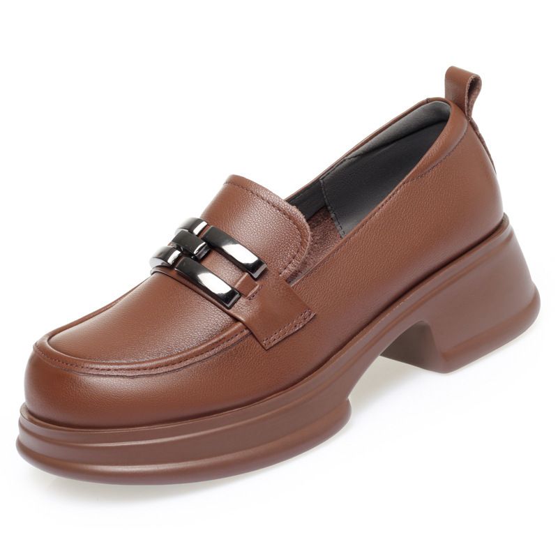Loafers Herbst Echtes Leder Dicke Runde Zehen Flache Weiche Sohle Slip-On Schuhe Frauen Rindsleder Mid-Cut Bequeme Mokassins_voghion.com