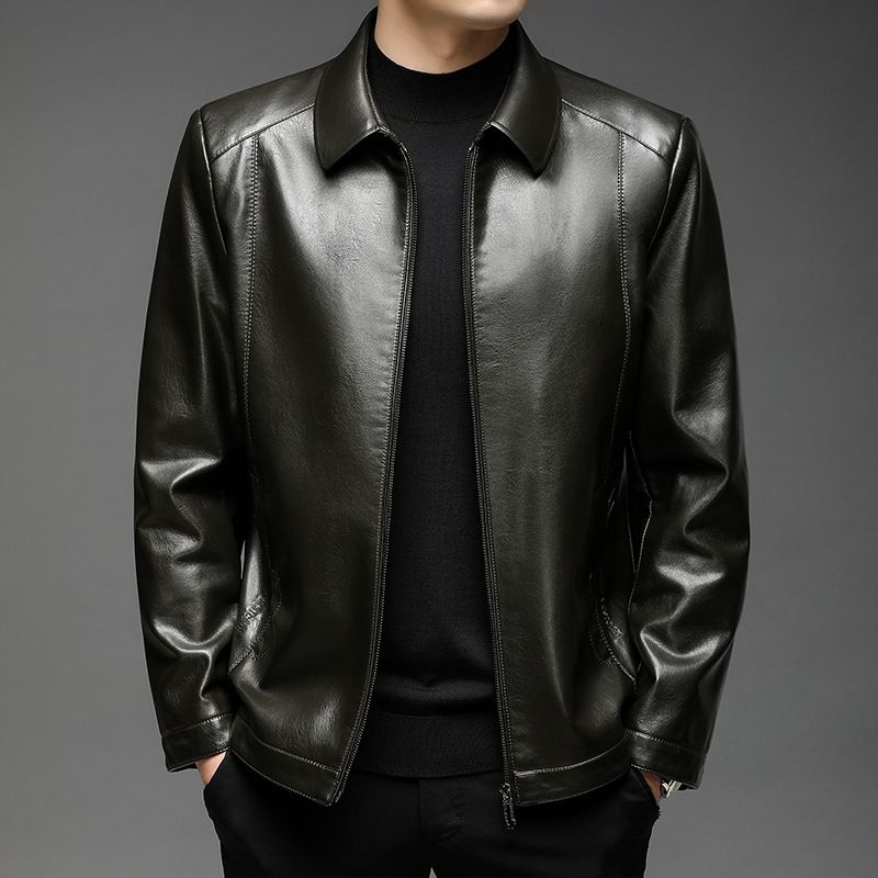 Men's Haining Genuine Leather Spring Thin Style, Lapel, Sheepskin, Business Middle-Aged Dad Jacket, New Style_voghion.com