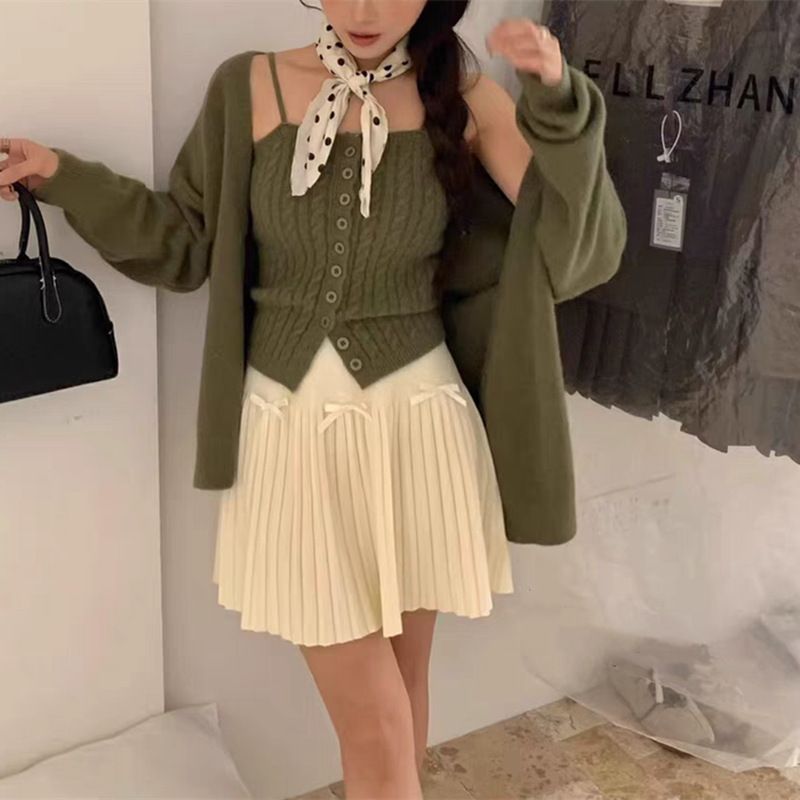 Damenbekleidung Strick-Zweiteiler Weste V-Ausschnitt Locker Damen Herbst Koreanischer Stil Lazy Knit Zweiteiler Set Weste + V-Ausschnitt Lockerer Einfarbiger Cardigan Mantel_voghion.com