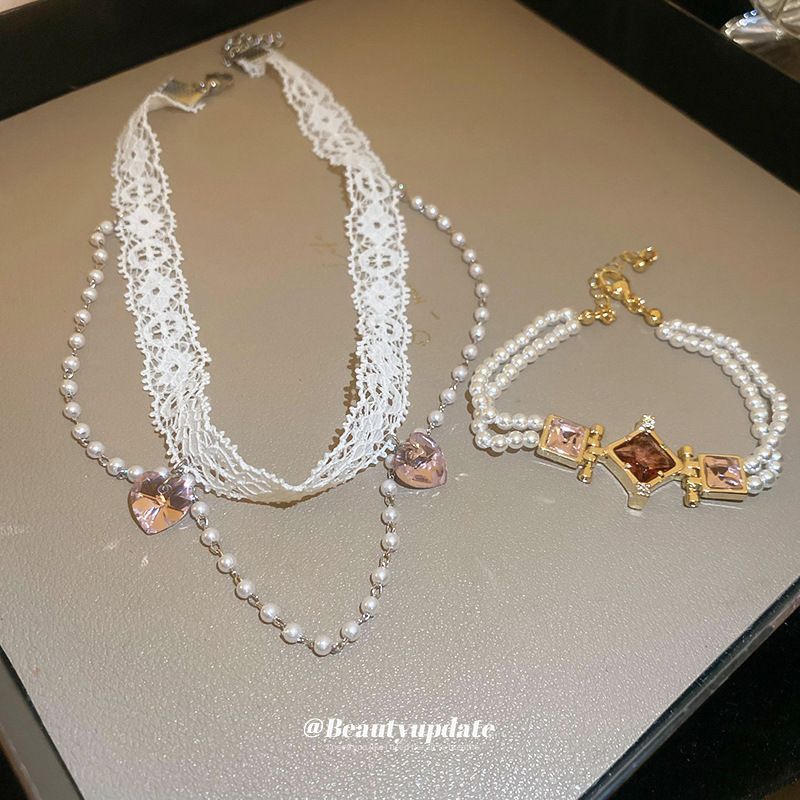 Collana con bracciale di perle di alta qualità, di lusso francese, con catena a clavicola, stile Niche, set di gioielli alla moda per ragazze con cuore._voghion.com