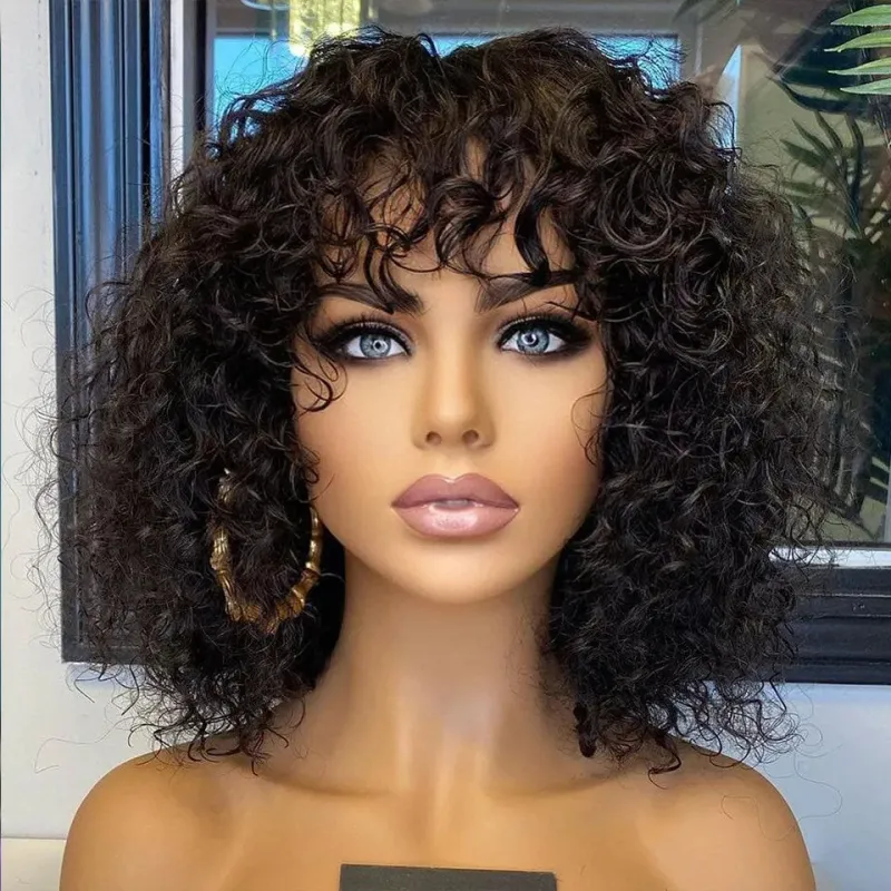 Brazilian Water Wave Blonde Colored Wigs Short Pixie Bob Cut Human Hair Wigs With Bangs Jerry Curly For Women_voghion.com