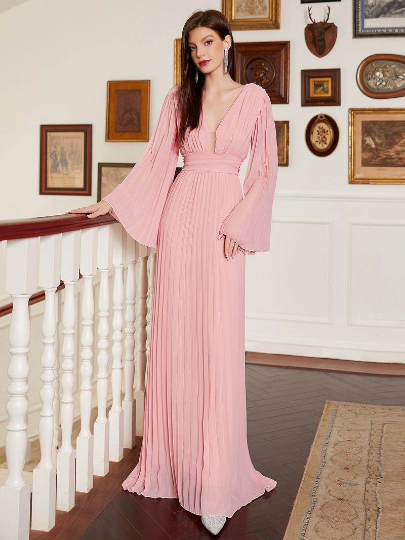 Robe de soirée longue élégante à col en V pour femme - Robe trapèze longue au sol avec volants, décolleté en V profond et manches longues pour banquet ou bal de fin d'année_voghion.com