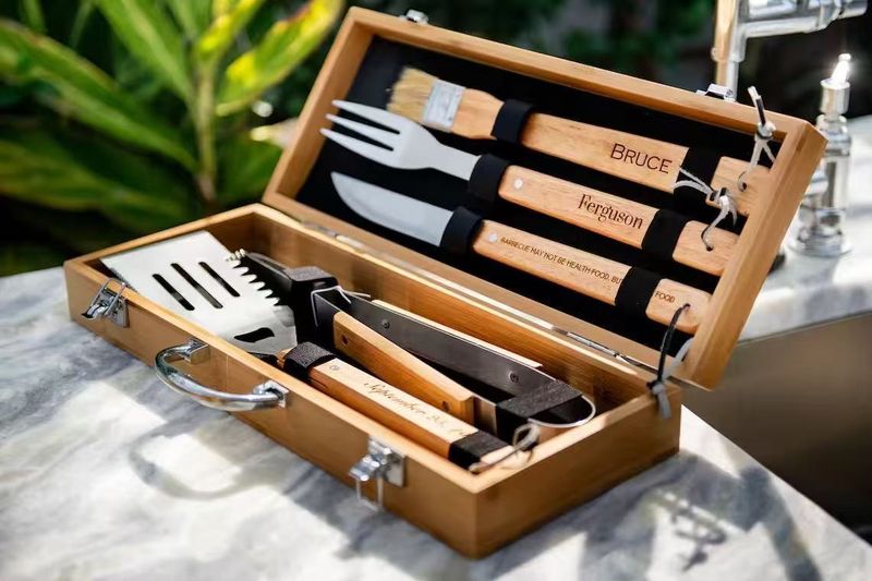 ✅Stainless Steel Tool Outdoor Wooden Handle Fork Spatula Tongs Combination BBQ Utensils Full Set_voghion.com