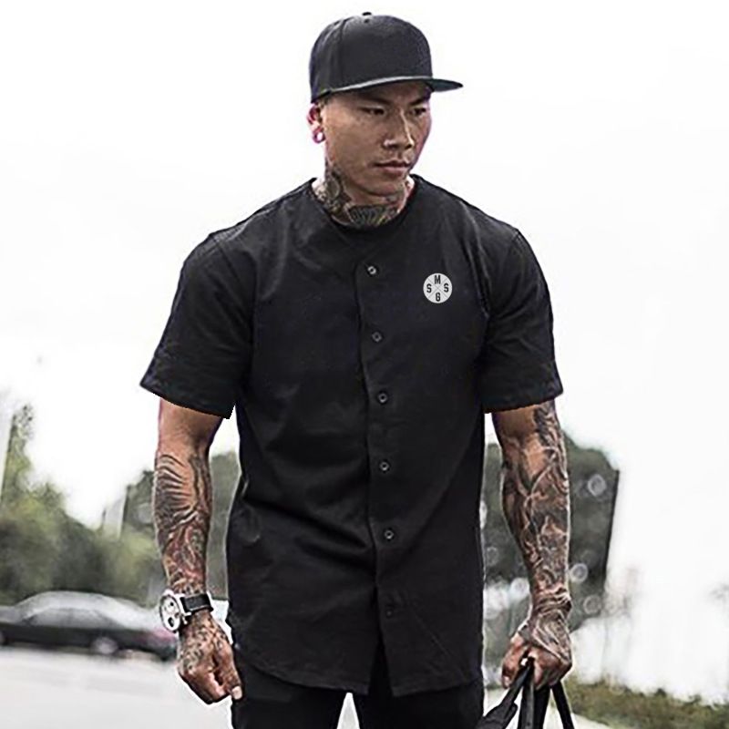 Kurzarmhemd der Hardcore-Serie für Herren, Sport und Fitness, minimalistischer Sommertrend, kragenlose Hemd-Strickjacke_voghion.com