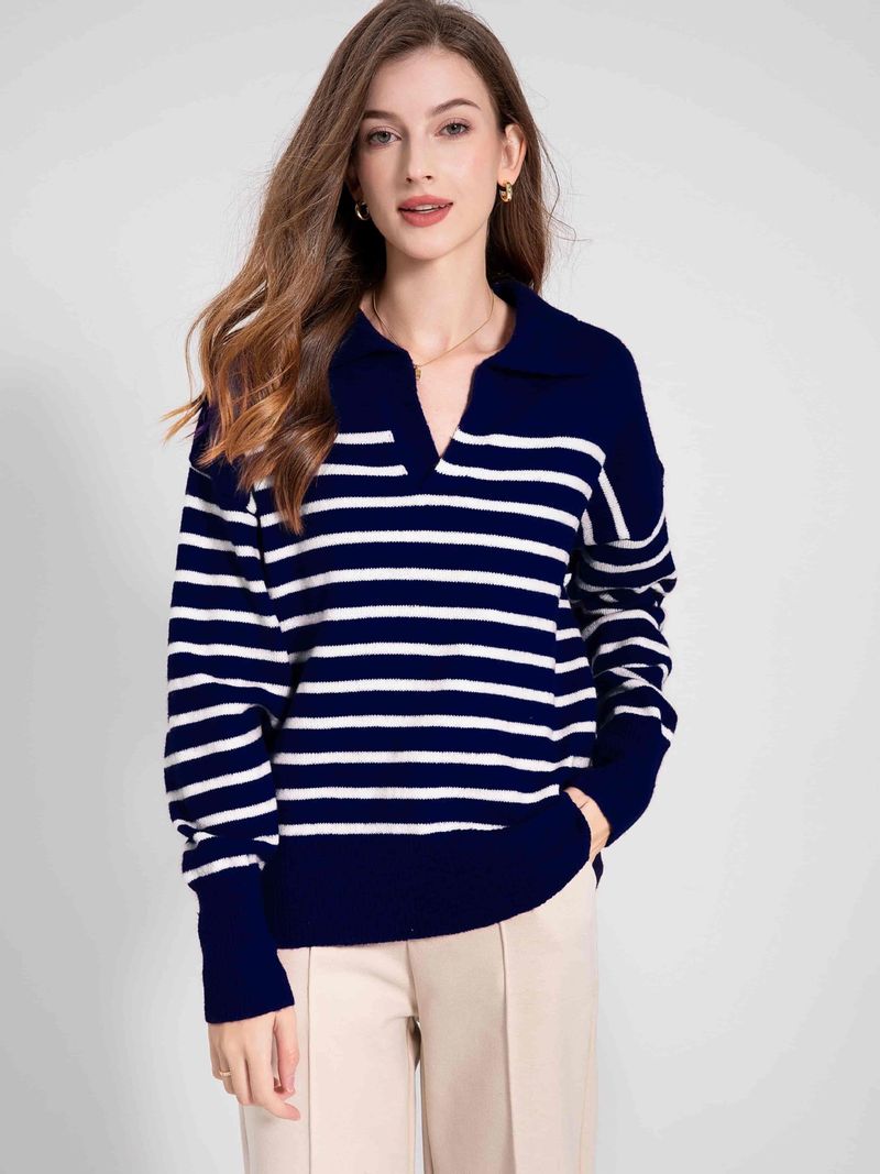 Pull ample à manches longues et col en V pour femme, rayé, en coton, couleur contrastée, style bleu marine, automne_voghion.com